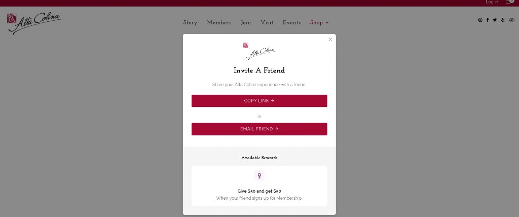 Alta Colina Invite A Friend widget on their website