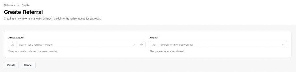 Create Referral form in Awesome Club Referrals dashboard